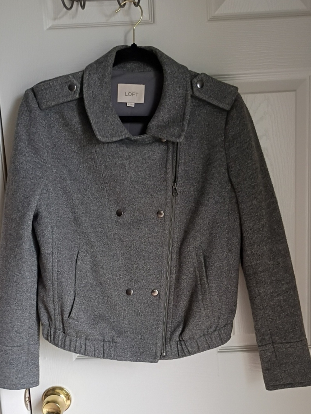 a gray textured LOFT moto jacket